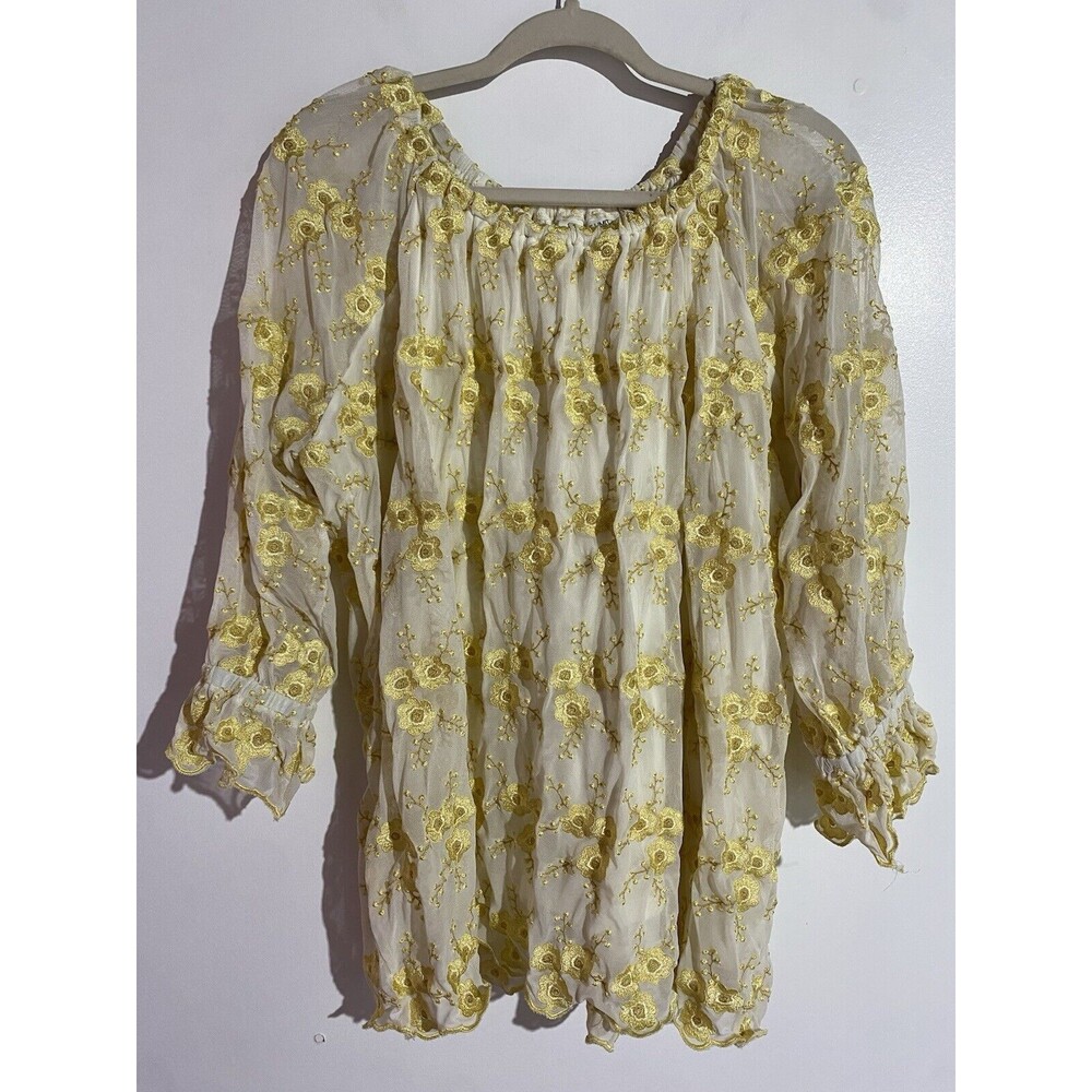 Cottagecore Top 2X Gold Floral Embroidered Peasant Sheer Mesh Skye's The Limit‎ - Picture 7 of 11